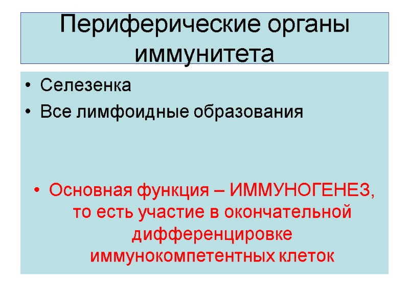 Периферические органы иммунитета Селезенка Все лимфоидные образования   Основная функция – ИММУНОГЕНЕЗ, то